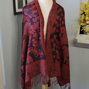 Shawl, red and black print. Blanket scarf fringe. 27" X 70". Never used.
